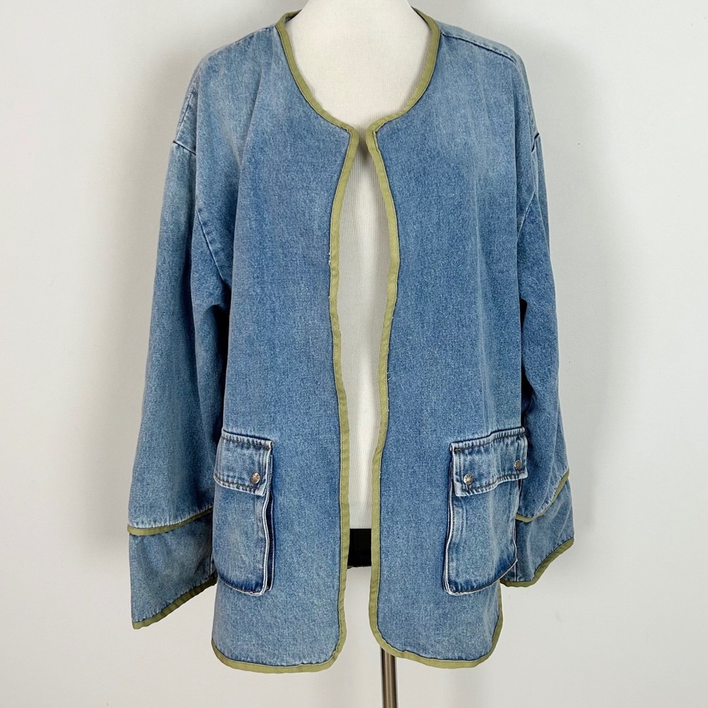 Women's Denim Barn Jacket Oversized Plaid Lined Open Front Blue Rustic M/L